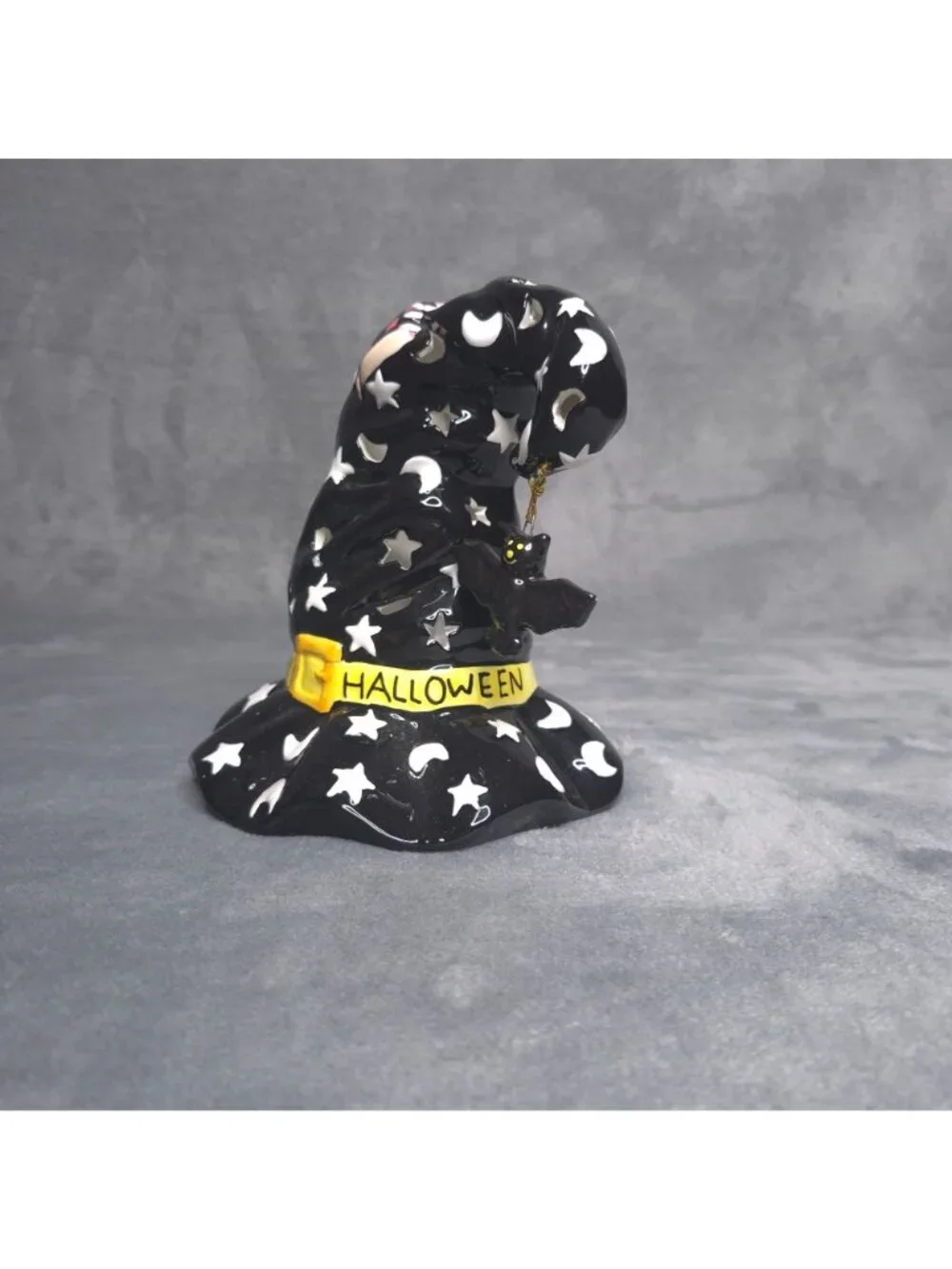 Happy Halloween Ceramic Witch Hat Candle Holder Bat Charm